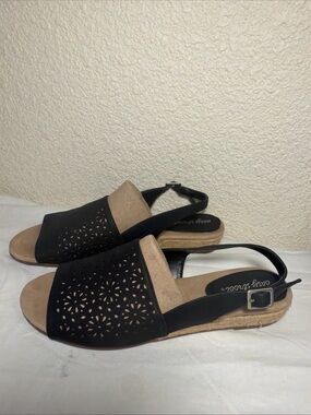 easy street Black Laser-Cut Slingback Sandals with Tan Footbed